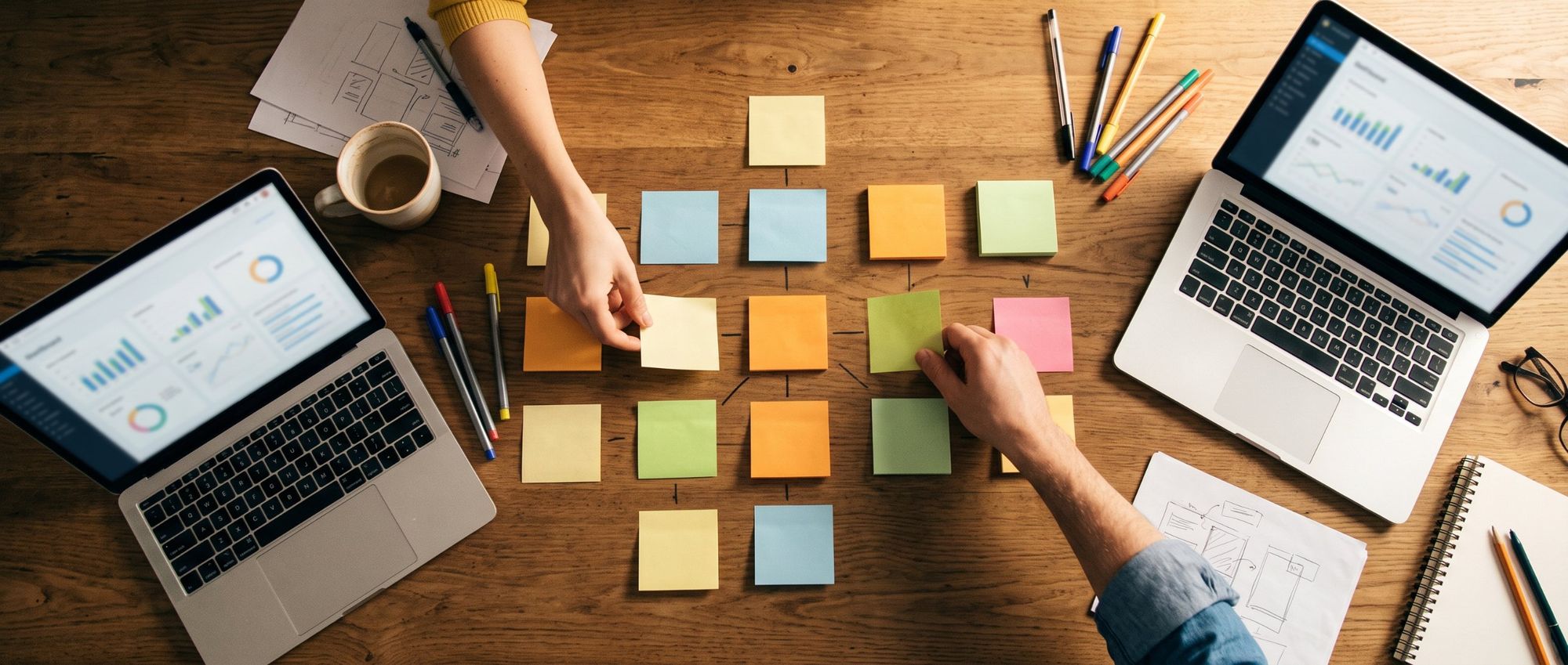 Two people rearranging sticky notes into a process map on a wooden desk, between two laptops